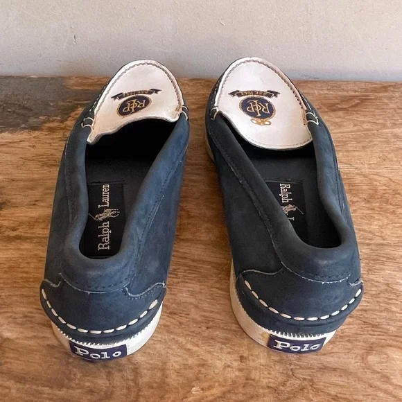 RALPH LAUREN POLO Vtg 80s Nautical Blue White Crest Loafer Deck Shoes 8.5AA Nice